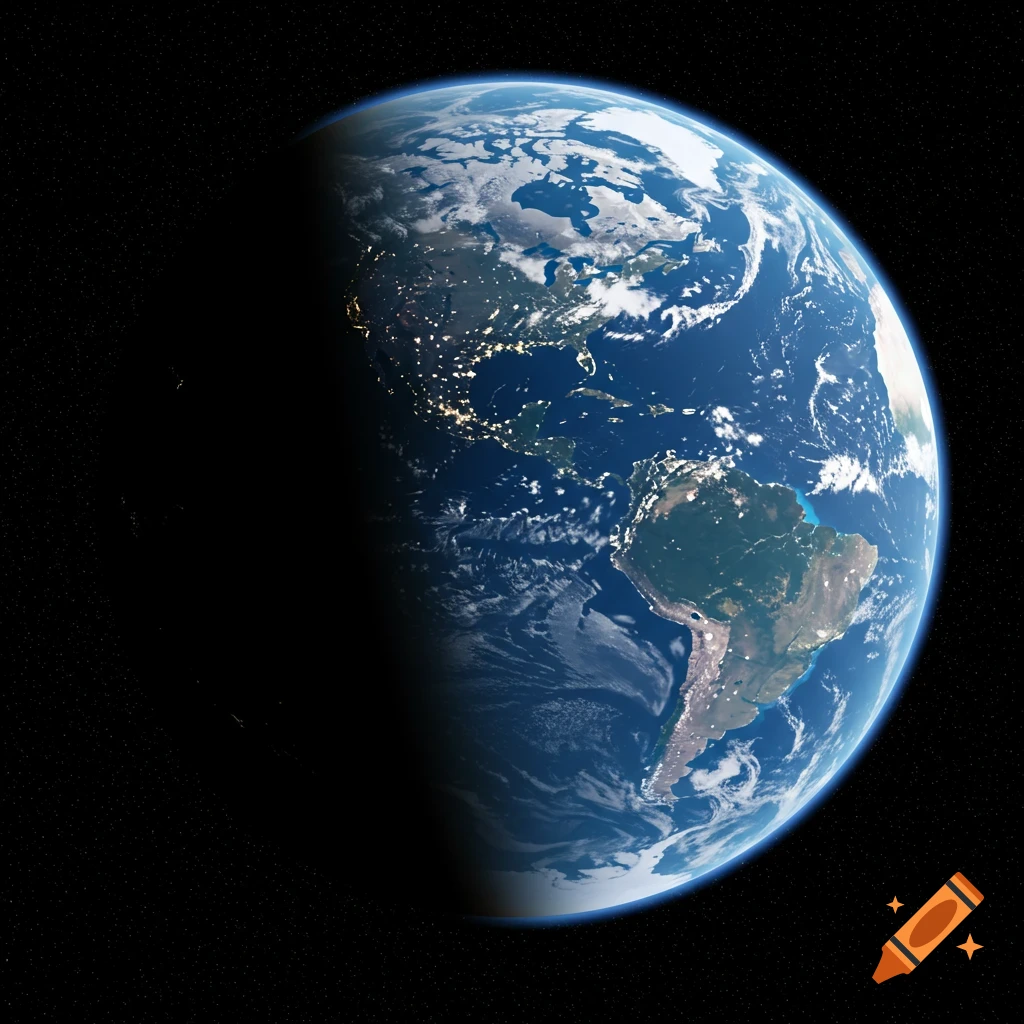 Photorealistic view of Earth from space, showing North and South America with the day-night line and city lights.