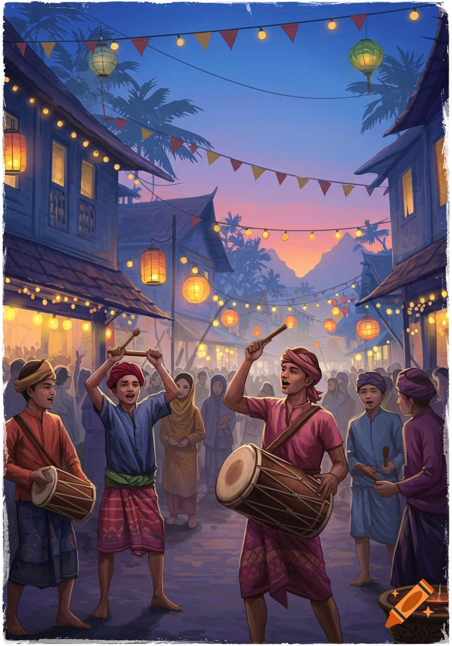 An illustration of a festive night market scene with people playing drums, surrounded by lanterns and bunting at dusk.