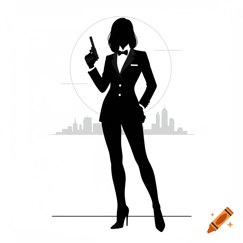 Minimalist black and white silhouette of a female secret agent in a tuxedo, holding a pistol, with a city skyline background.