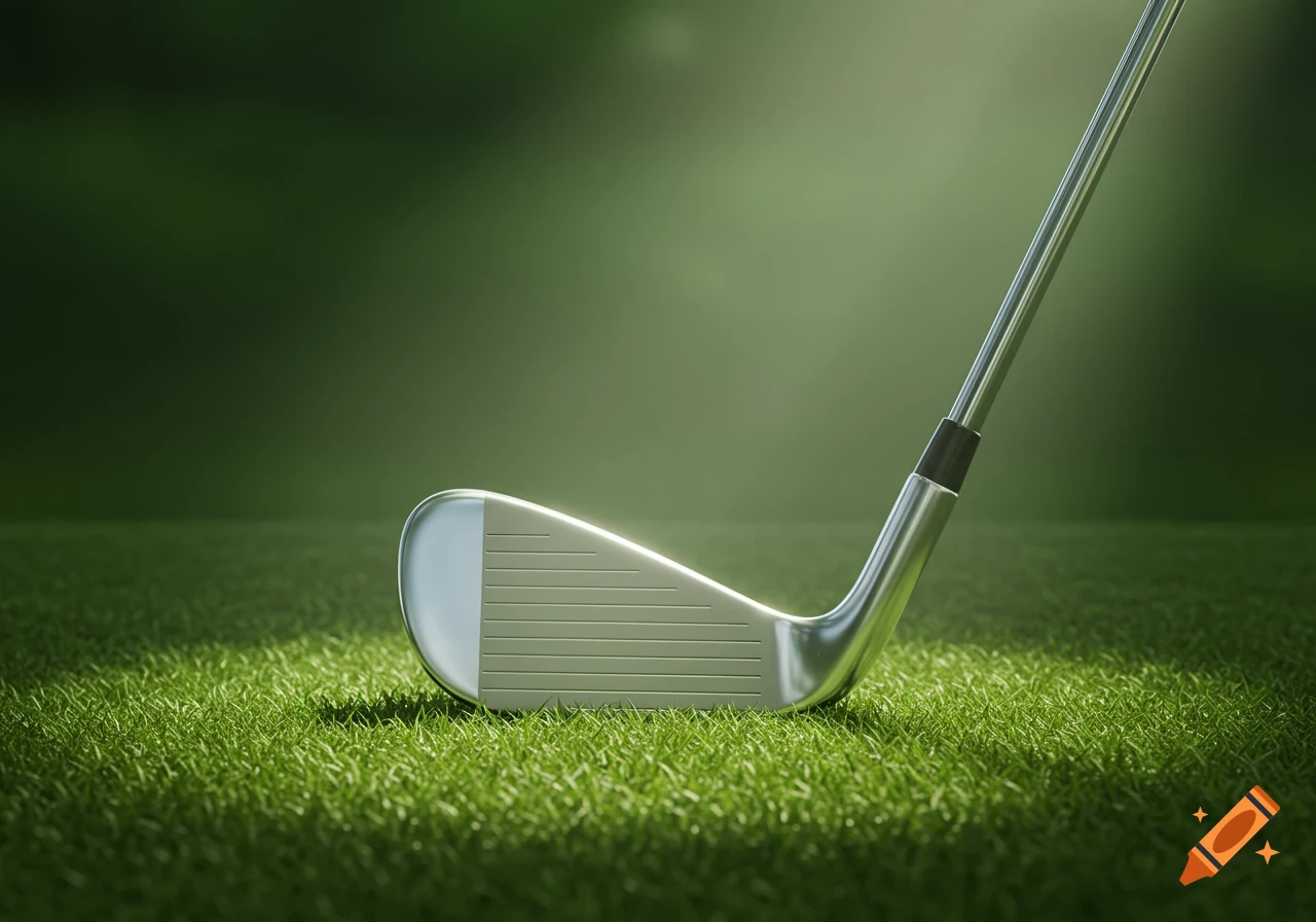 A photorealistic silver golf club rests on lush green grass with dappled sunlight.
