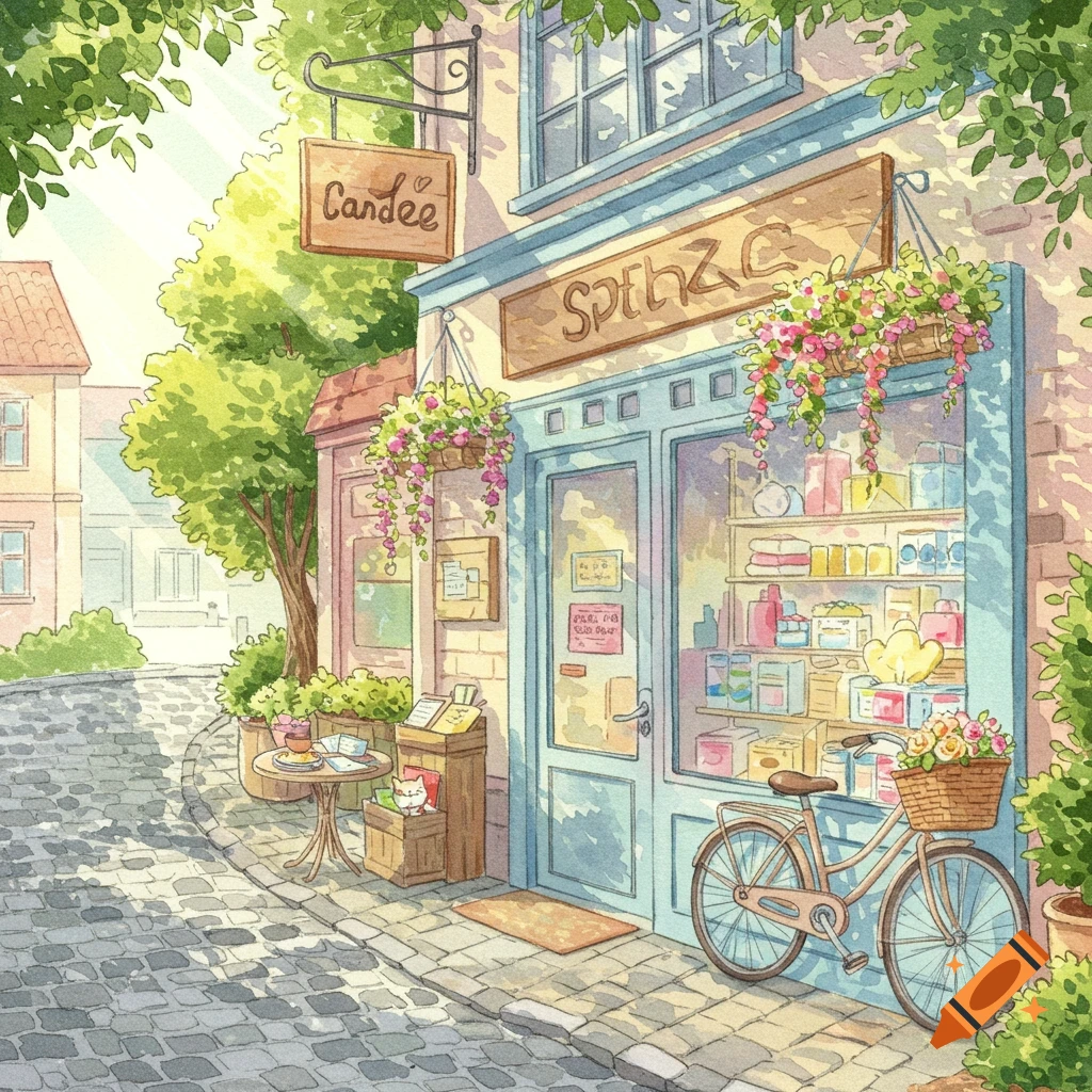 A charming watercolor illustration of a quaint storefront with a bicycle, cobblestone street, and lush greenery.