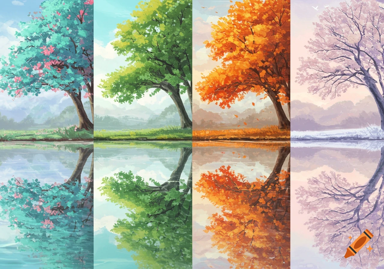 Four vertical panels depict a tranquil landscape across the seasons, from a pink and teal spring, green summer, orange autumn, to a bare winter, all reflected in a calm lake.