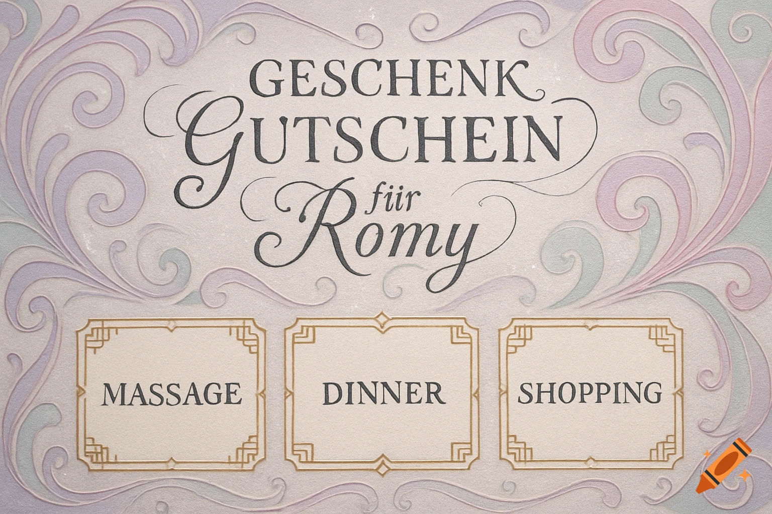 Ornate pastel gift voucher for Romy with options: Massage, Dinner, Shopping, featuring decorative scrollwork and elegant typography.