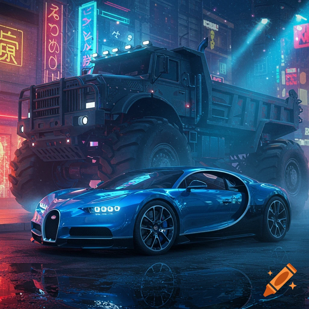 A blue Bugatti and a large dump truck on a wet, neon-lit cyberpunk city street at night.