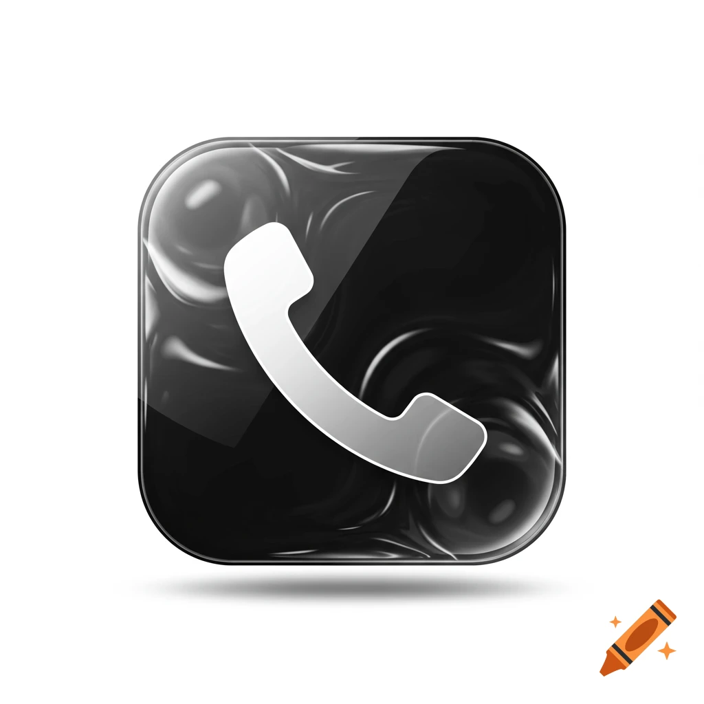 A glossy black rounded square icon with a white telephone receiver in a liquid glass style.