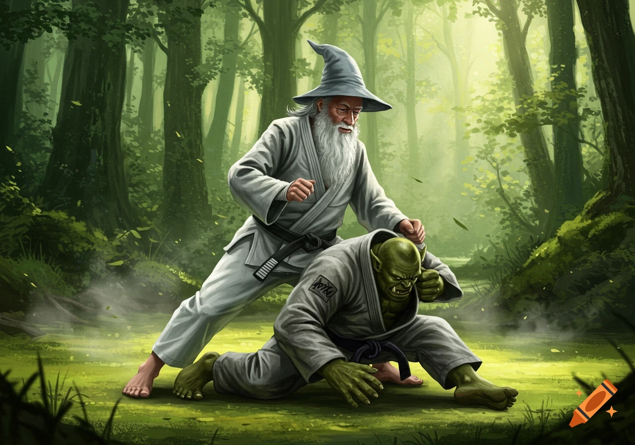 A wizard resembling Gandalf in a white gi and black belt wrestles a green orc in a grey gi in a lush, green forest.