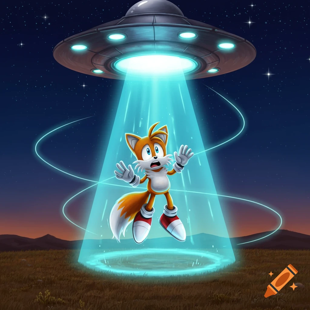 Tails the fox is abducted by a UFO's blue tractor beam at night in a field, looking scared.