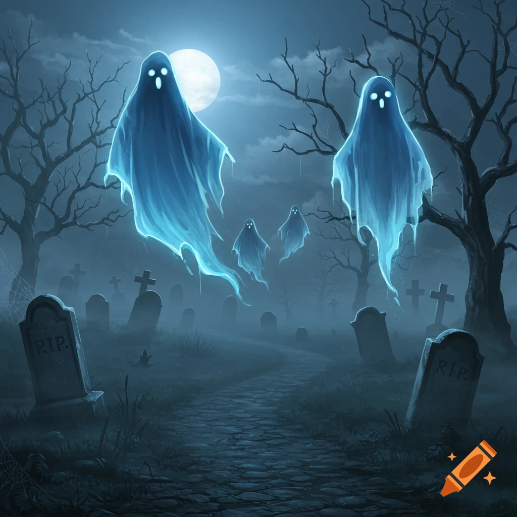Eerie digital illustration of glowing blue ghosts floating above a foggy graveyard with bare trees and a full moon.