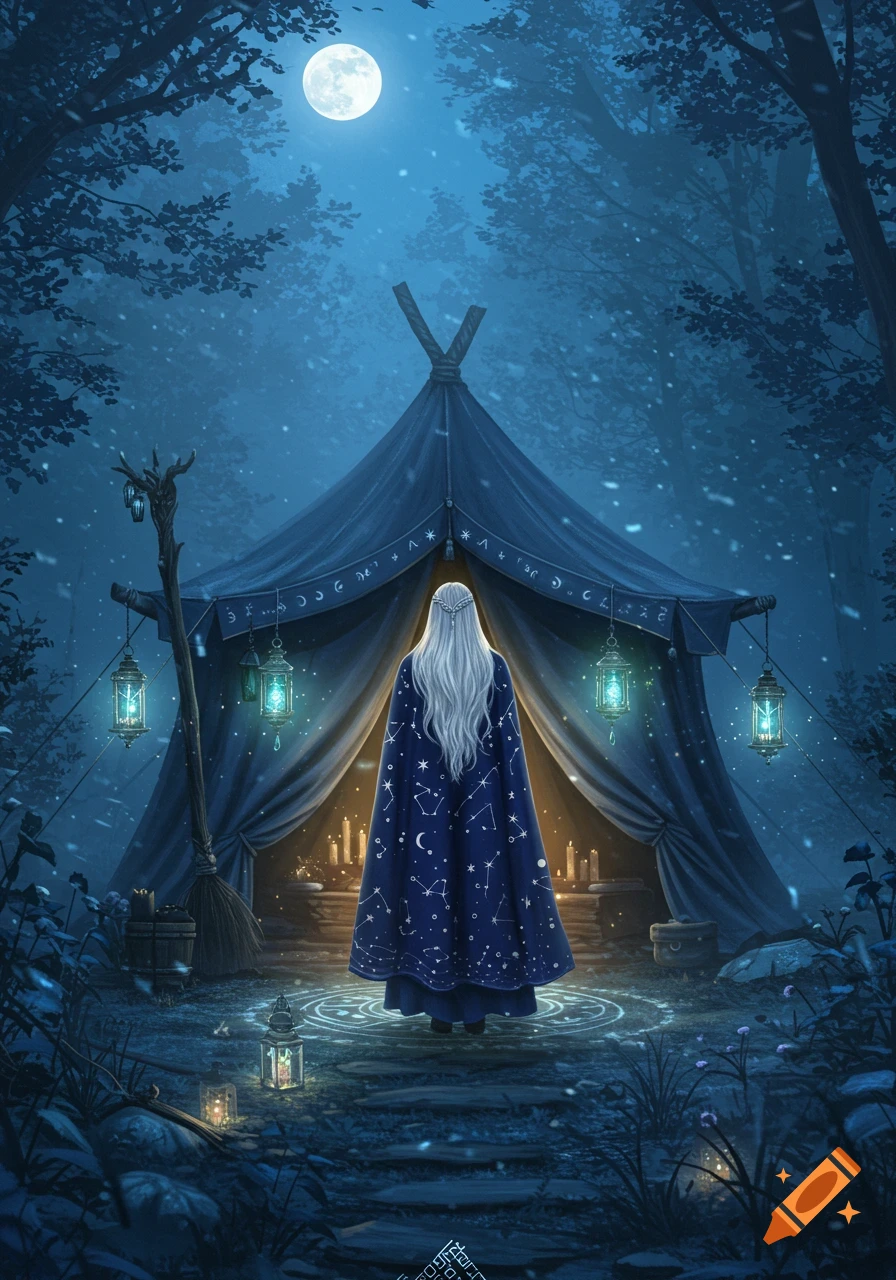 A witch in a star-patterned cloak stands before a magical tent with glowing lanterns in a moonlit, snowy forest, fantasy art.