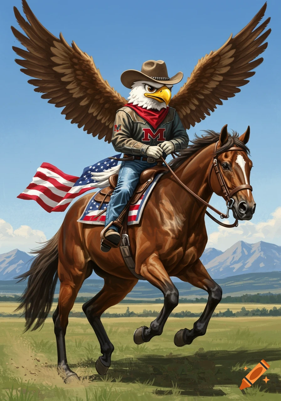 An eagle mascot in a cowboy hat and red bandana rides a brown horse, draped with an American flag, through a grassy field with mountains.