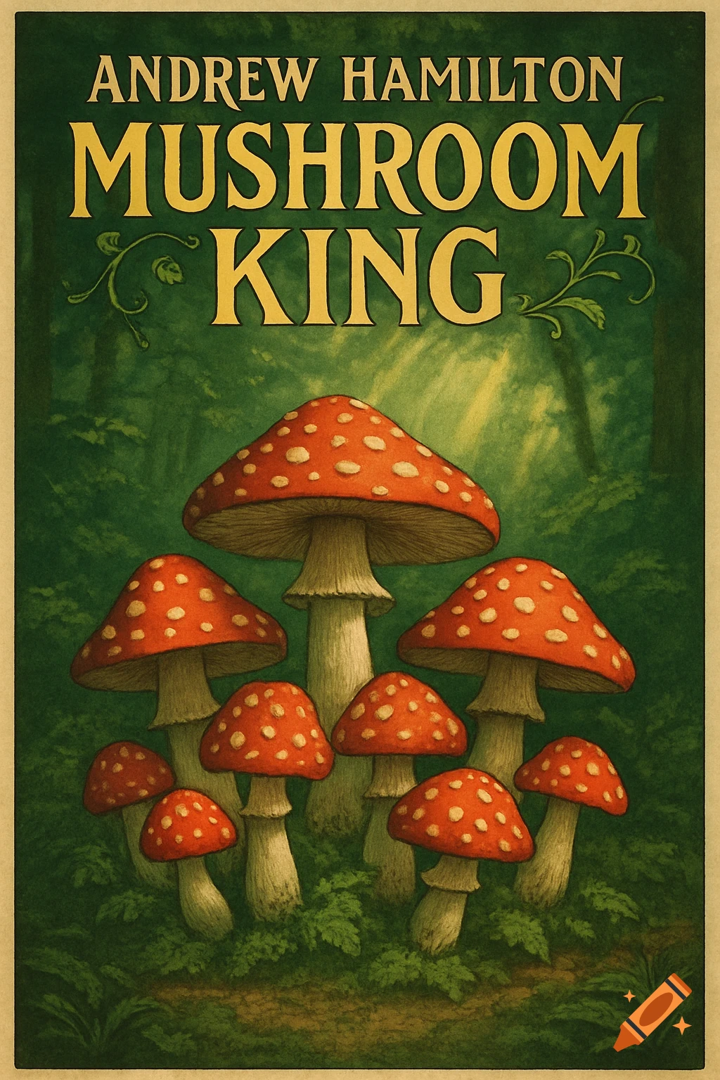 A stylized poster featuring a cluster of red and white toadstool mushrooms in a dark green forest, with the text 'ANDREW HAMILTON' and 'MUSHROOM KING' at the top.