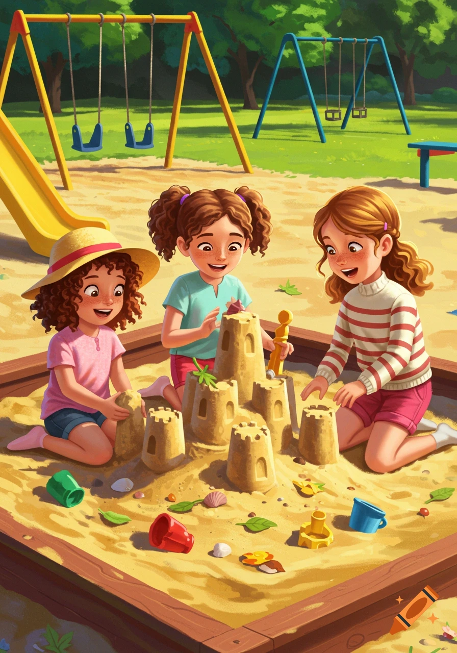 Three smiling girls play in a sandbox, building sandcastles at a bright playground, in an illustrated style.
