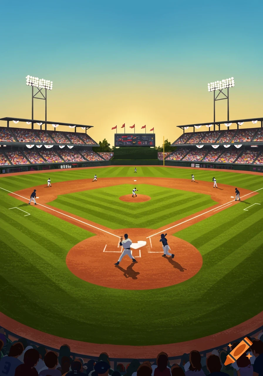 A stylized illustration of a baseball game in a crowded stadium at sunset, with players on the field and fans in the stands.
