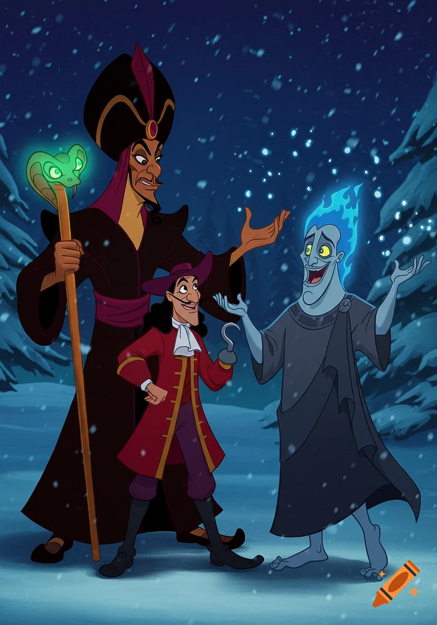 Jafar, Captain Hook, and Hades in a snowy cartoon scene, with Hades animatedly catching snowflakes.
