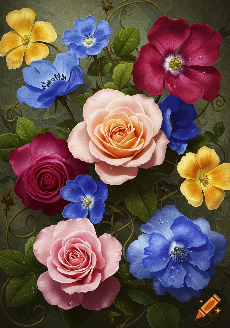 A vibrant arrangement of pink, orange, yellow, and blue flowers with green leaves and water droplets on a textured dark background.
