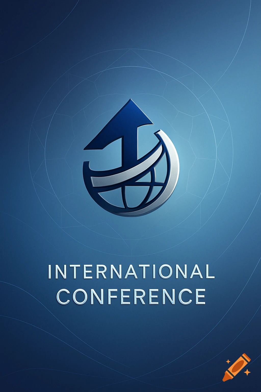 A blue background with a metallic logo featuring an upward arrow and globe, above the words 'INTERNATIONAL CONFERENCE'.