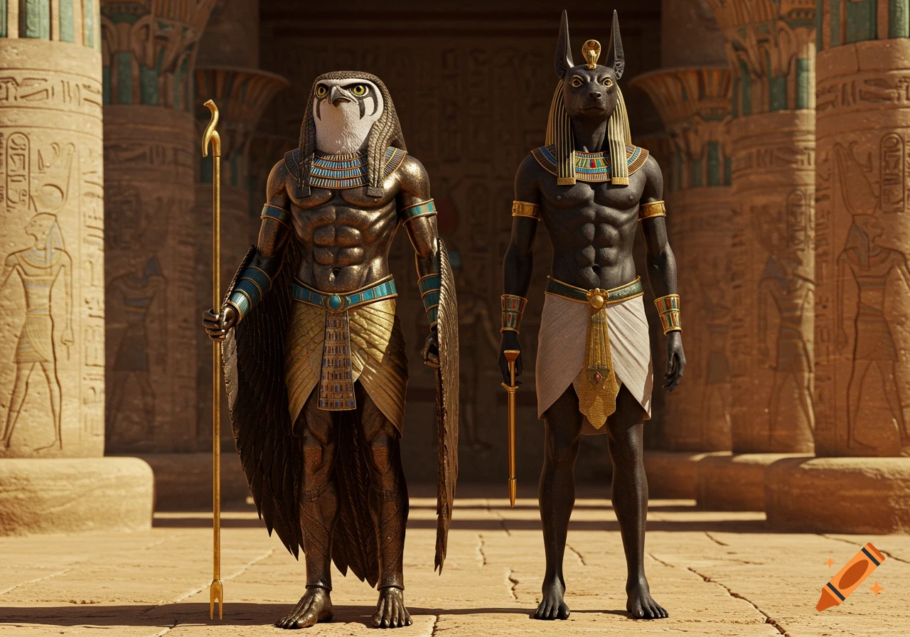 Photorealistic depiction of Horus (falcon-headed) and Anubis (jackal-headed) in ornate Egyptian attire, standing in a temple with hieroglyphics.