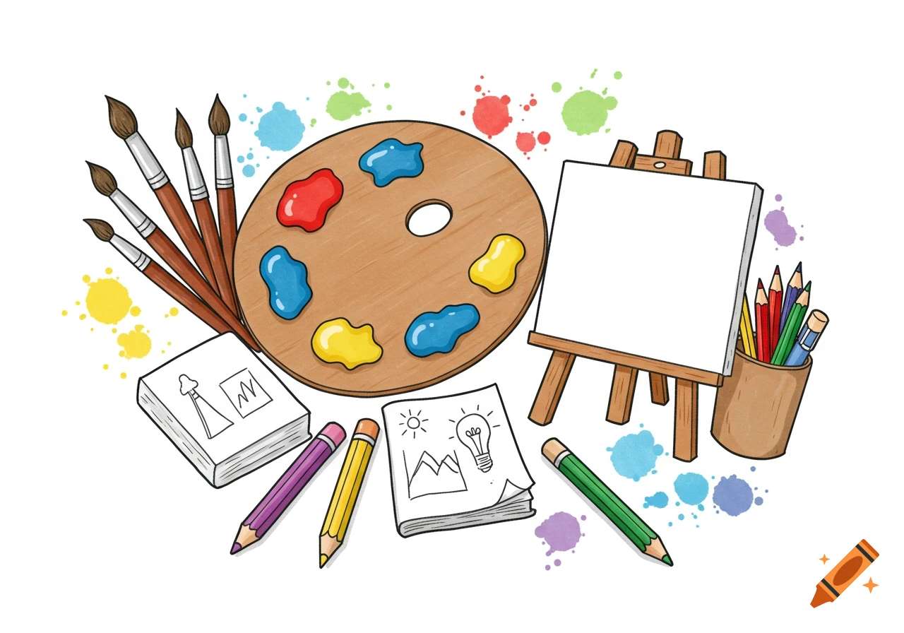 Vibrant clip art illustration of art supplies: a paint palette, brushes, easel with canvas, pencils, and sketchbooks.