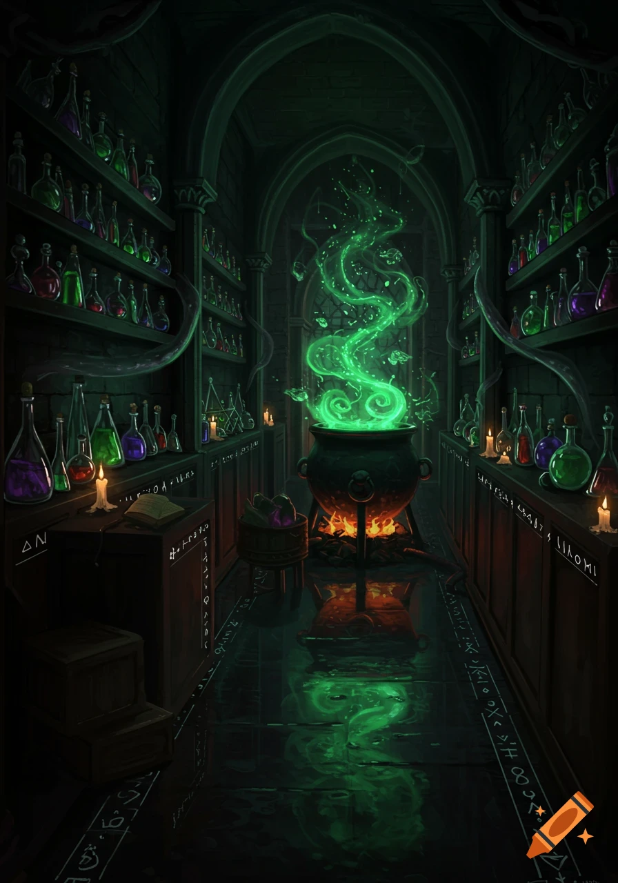 A dark, atmospheric alchemy lab corridor with shelves of glowing potion bottles, a central cauldron with green smoke, and glowing runes on the floor and furniture.