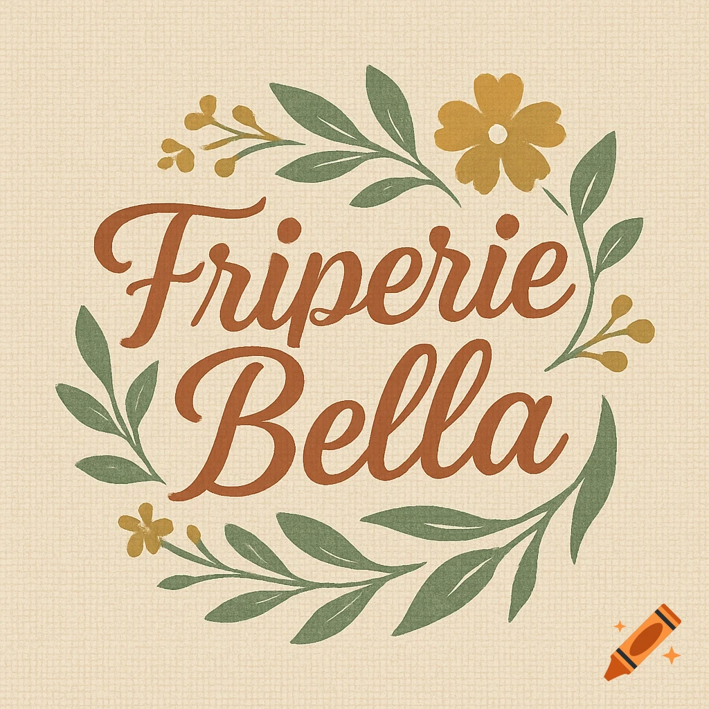 A boho chic logo for 'Friperie Bella' with brown script text surrounded by green leaves and yellow flowers on a textured beige background.