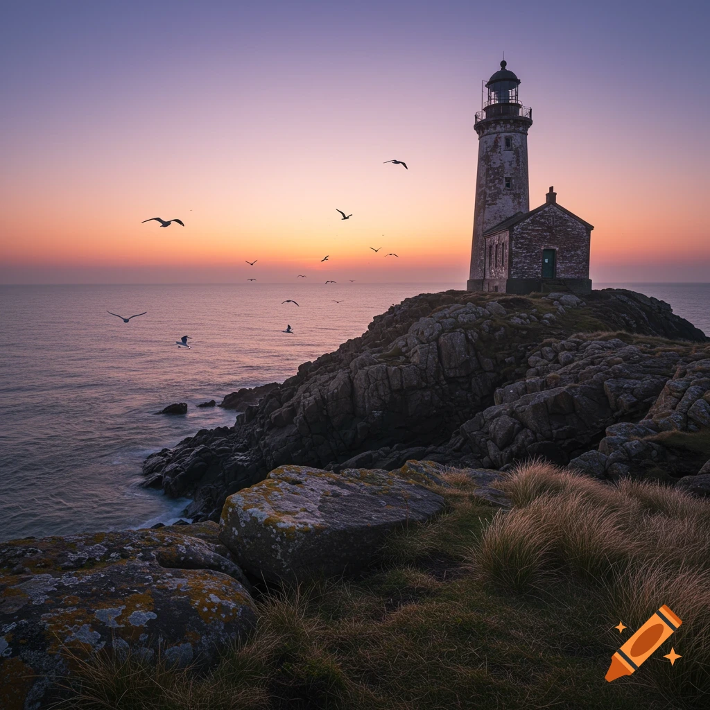 Photorealistic old lighthouse on a rocky coast at sunrise, with birds flying over the calm sea.