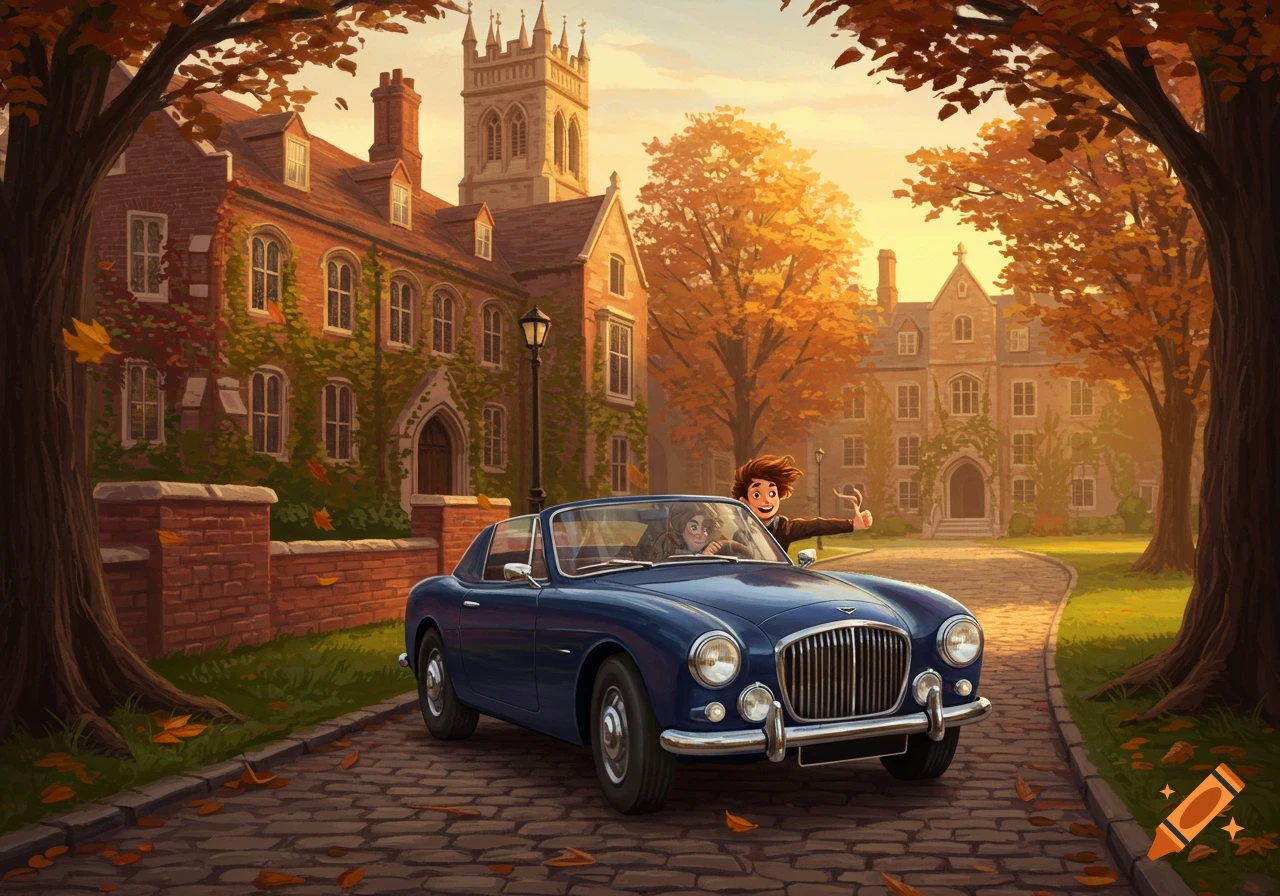 A cartoon man waves from a blue vintage car on a cobblestone path outside an ivy-covered autumn campus building at sunset.