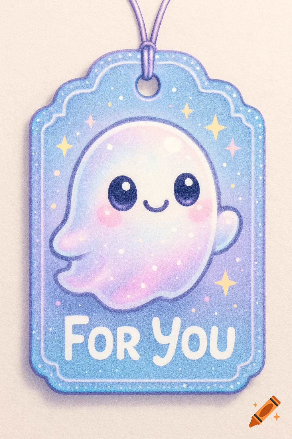 A cute, sparkly white ghost illustration with big eyes and a smile on a light blue merchandise tag that says "FOR YOU" with a string loop.