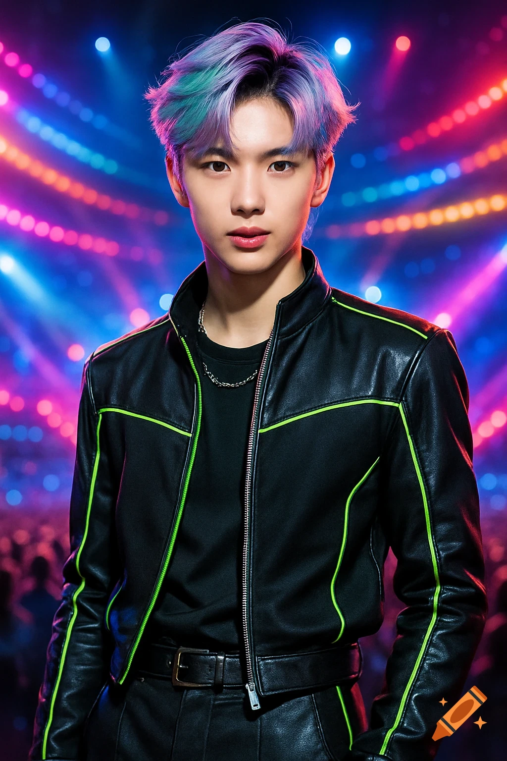 A young man with colorful purple and teal hair, wearing a black leather jacket with neon green accents, stands against a vibrant background of blue and pink stage lights.