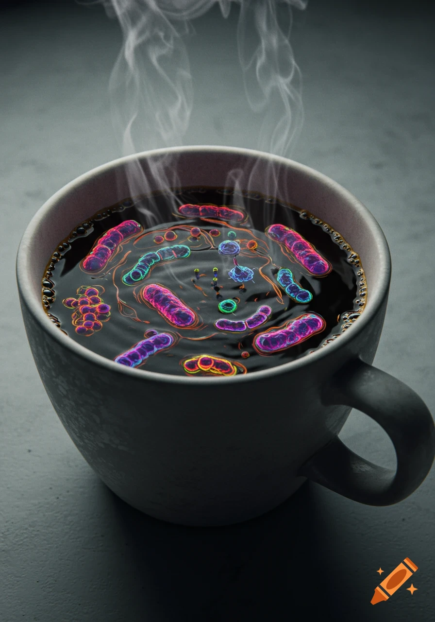 A white mug of hot coffee filled with glowing, colorful bacteria, with steam rising.