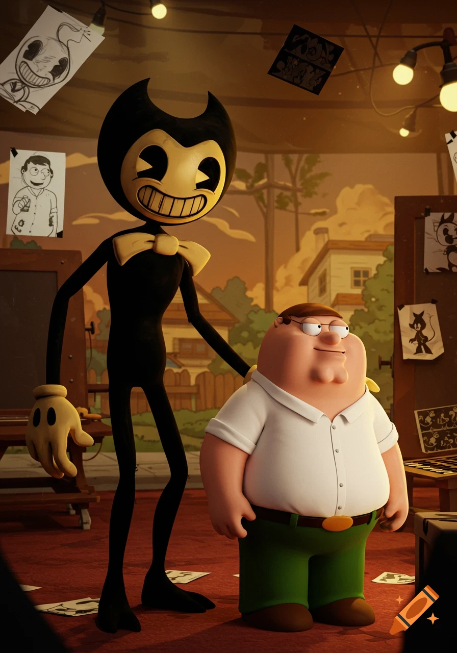 Bendy from Bendy and the Ink Machine stands next to Peter Griffin from Family Guy in a warm-lit room with drawings on the walls.