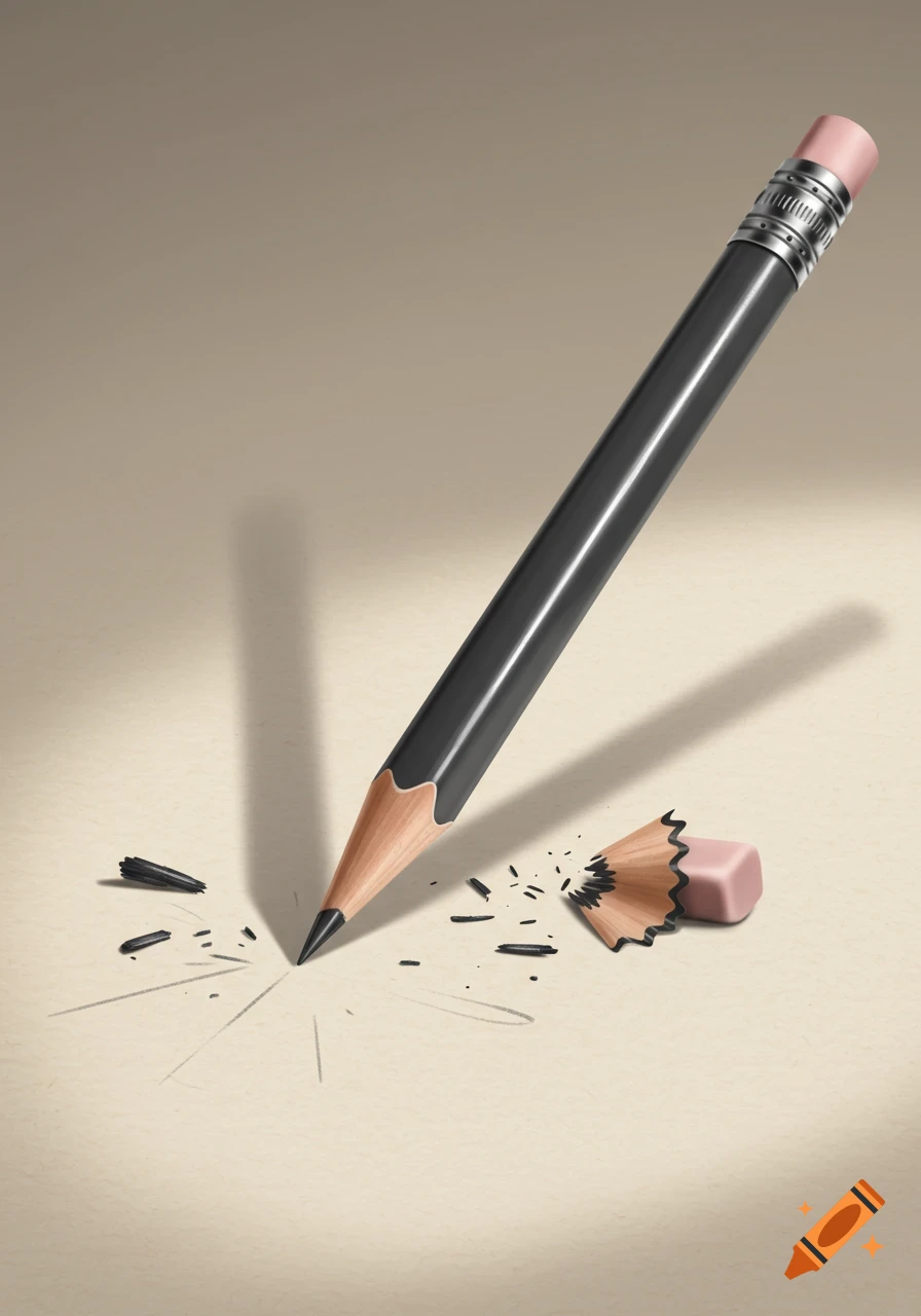 A photorealistic black pencil standing upright, leaving faint graphite marks on a textured beige surface, with wood and graphite shavings nearby.