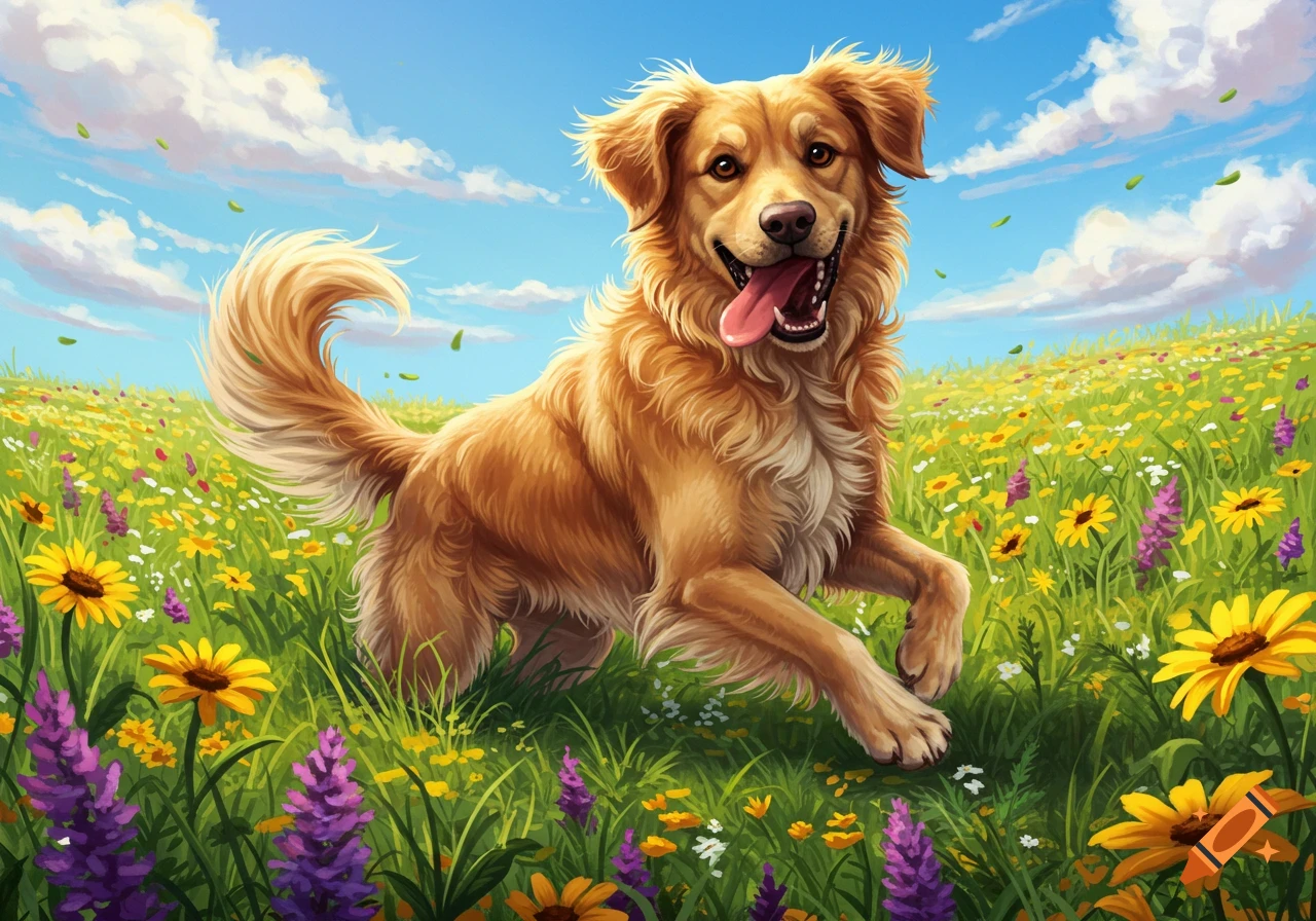 A happy golden retriever runs through a vibrant field of yellow and ...