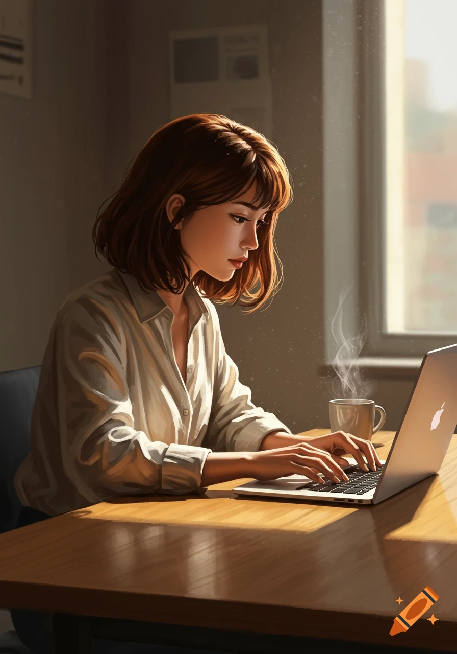 A woman with short brown hair works on a MacBook, typing at a wooden desk with a steaming coffee cup, rendered in a digital art style.
