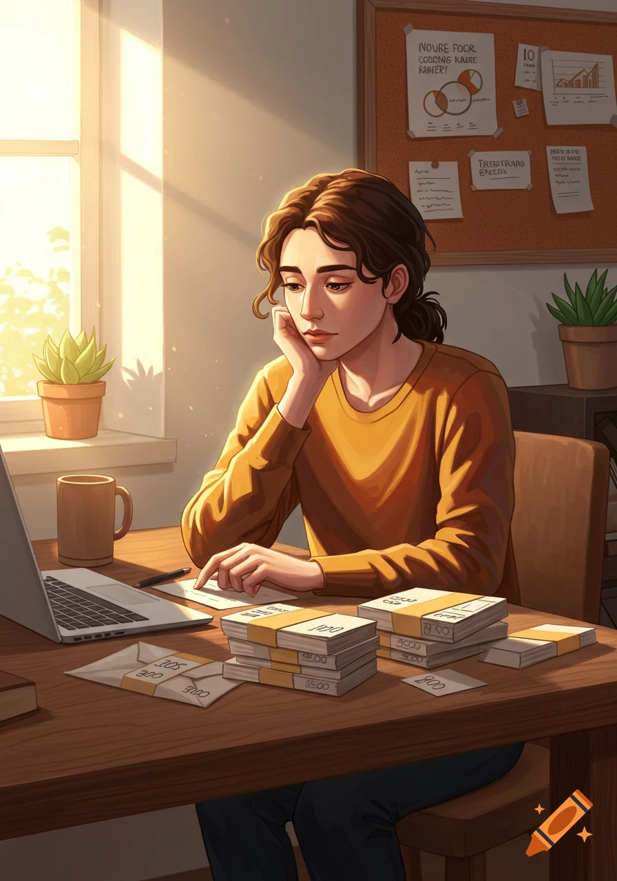 A young woman with curly hair sits at a sunlit desk, intently looking at papers with stacks of cash, a laptop, and a corkboard in the background. Illustrated style.