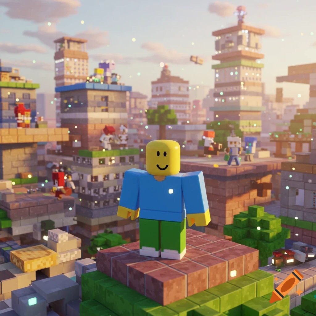 A Roblox Noob character stands on a brick platform in a blocky, pixelated city at sunset, with other characters.