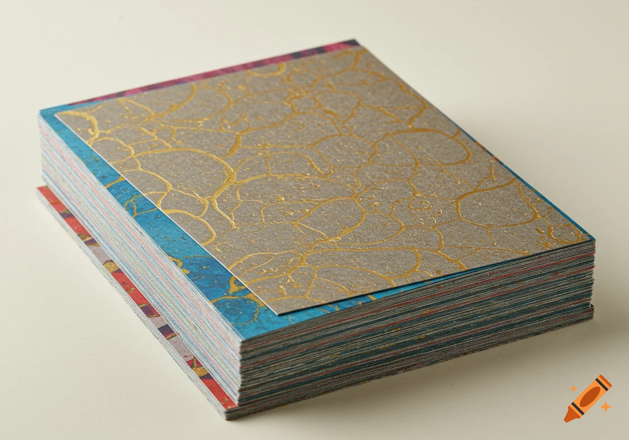 A stack of colorful, patterned cardstock sheets with various textures on a light background.