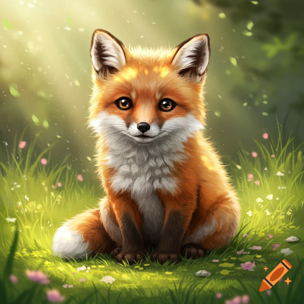 A cute baby fox with orange and white fur sits in a sunny, grassy field with tiny flowers and soft lighting.