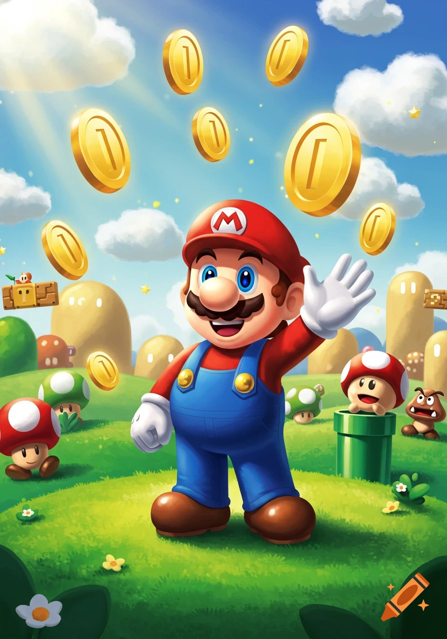Cartoon Mario waves happily in a vibrant Super Mario Bros. landscape with golden coins and classic characters.