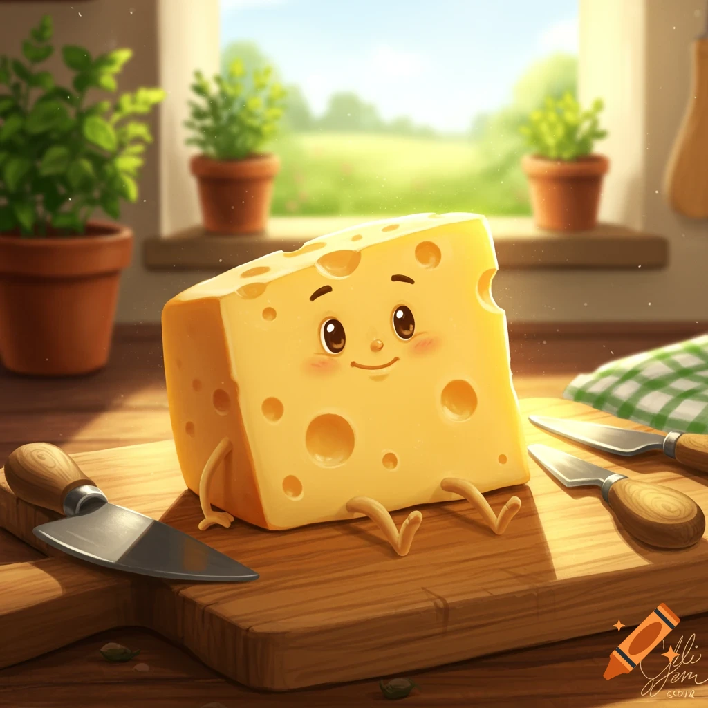 A happy, anthropomorphic block of Swiss cheese with a smiling face ...