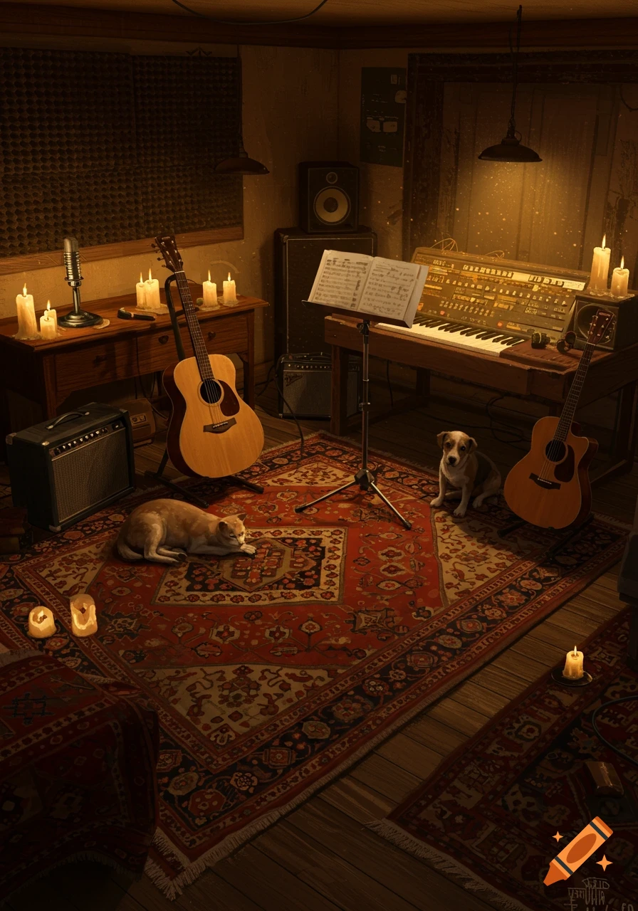 A cozy music studio with guitars, a keyboard, microphone, and lit candles. A cat naps on a patterned rug near a dog, creating a warm, inviting scene.