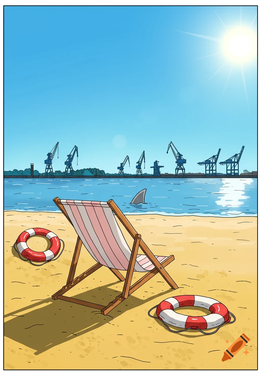 Comic art of a striped deckchair and lifebuoys on a sandy beach. A shark fin emerges from the water, with harbor cranes on the distant shore under a bright sun.