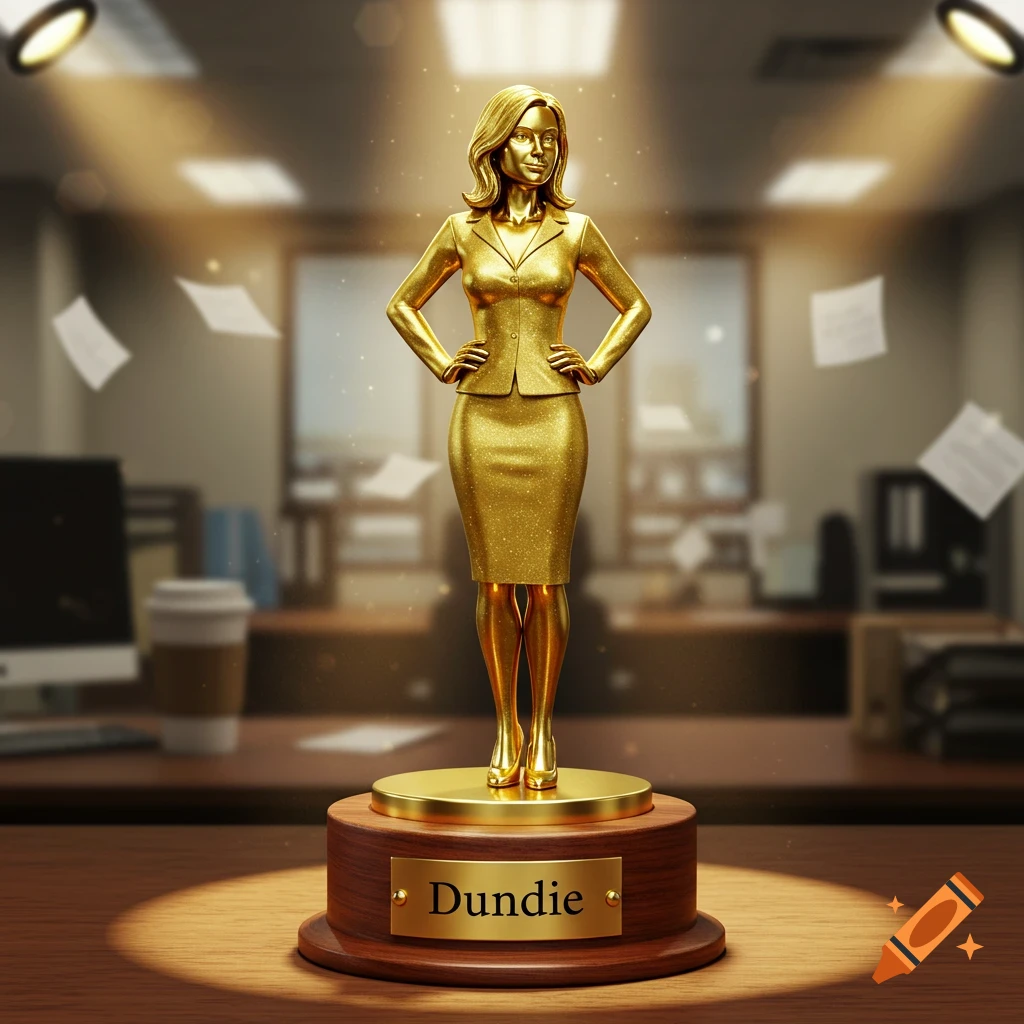 A sparkling gold statue of a woman in a business suit, hands on hips, standing on a wooden award base with a 'Dundie' plaque, in an office.