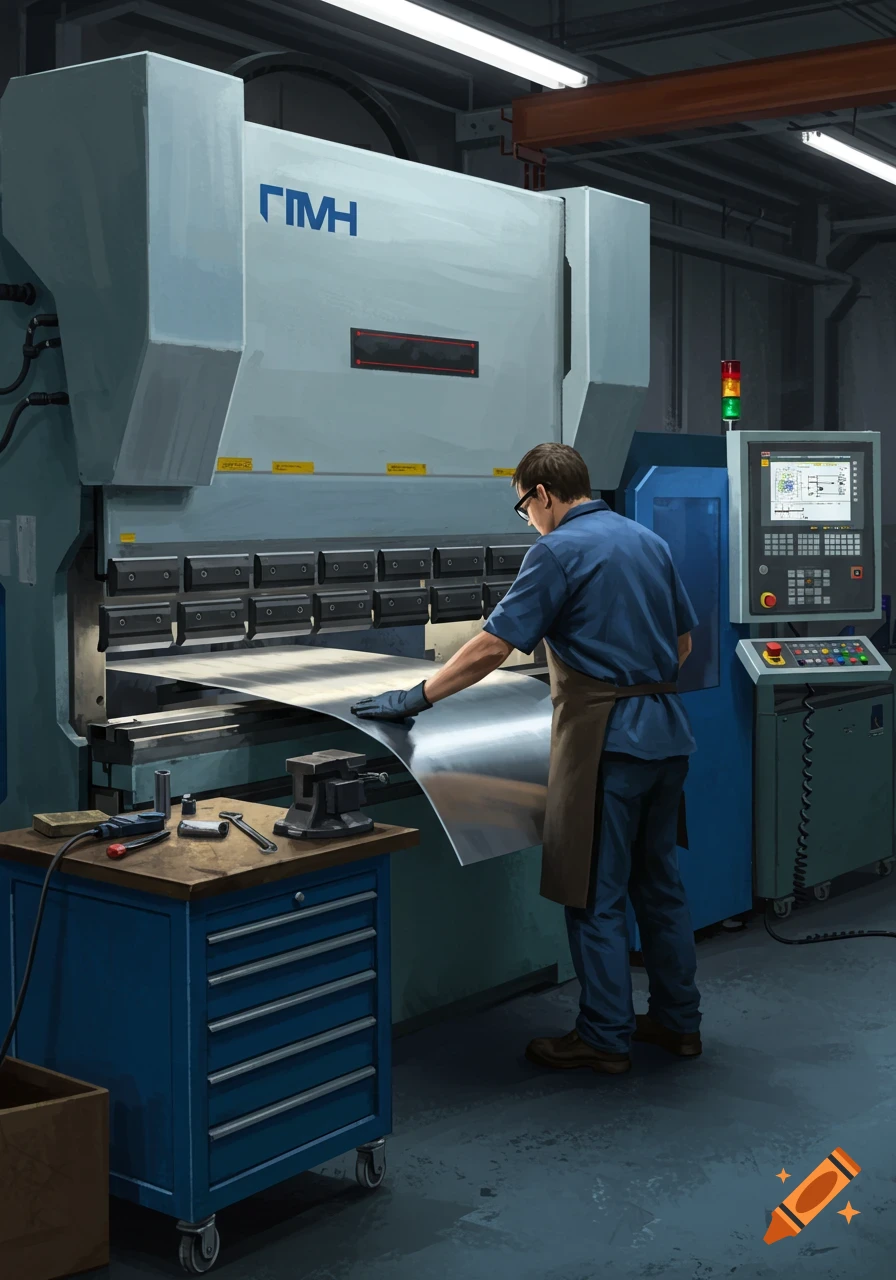 A worker in an apron and gloves operates a large blue metal bending machine in a brightly lit factory setting.