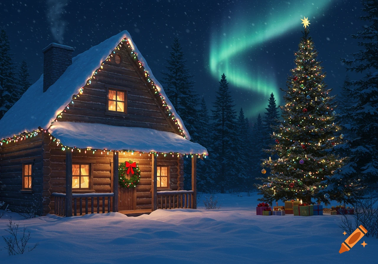 A snow-covered log cabin decorated with Christmas lights, beside a lit Christmas tree under a vibrant aurora borealis sky on a winter night.