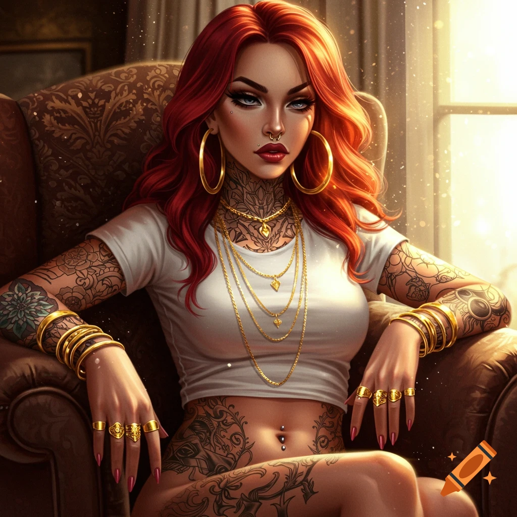 Digital art portrait of an annoyed woman with long red hair, septum piercing, heavy makeup, and extensive tattoos, wearing a crop top and golden jewelry, sitting in an armchair.