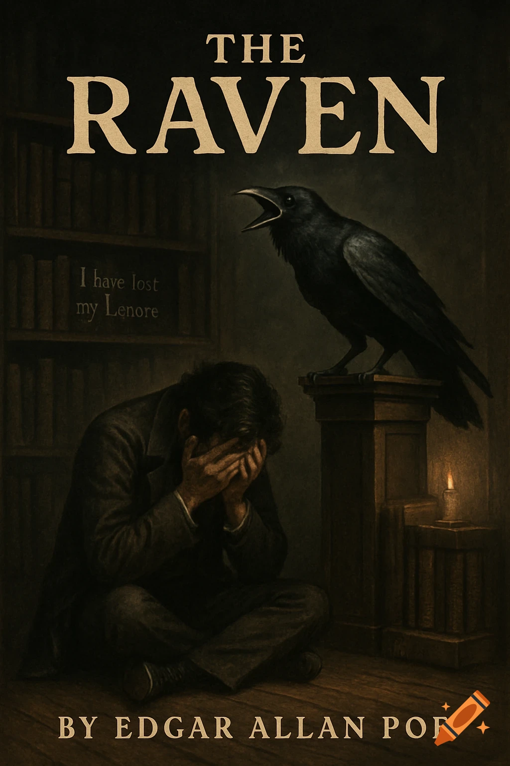Book cover for 'The Raven' by Edgar Allan Poe, showing a crying man on a library floor with a raven perched beside him, dark illustration style.