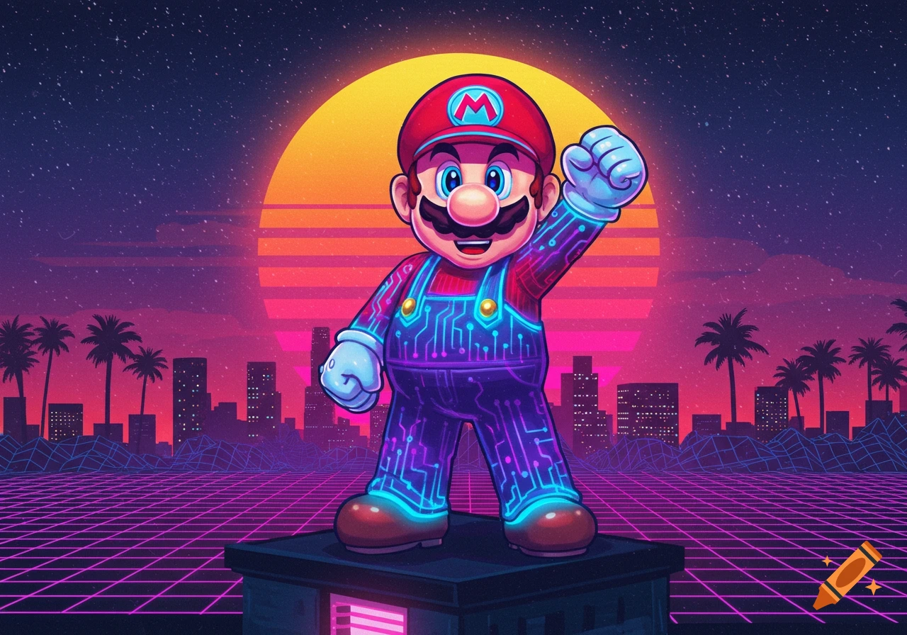 Super Mario in a glowing circuit-patterned synthwave outfit stands on a podium against a retro 80s cityscape with a setting sun.