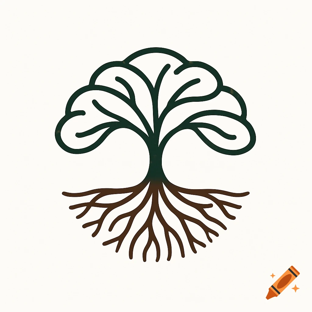 Stylized line art logo of a tree with a lush canopy and deep, sprawling roots against a white background.