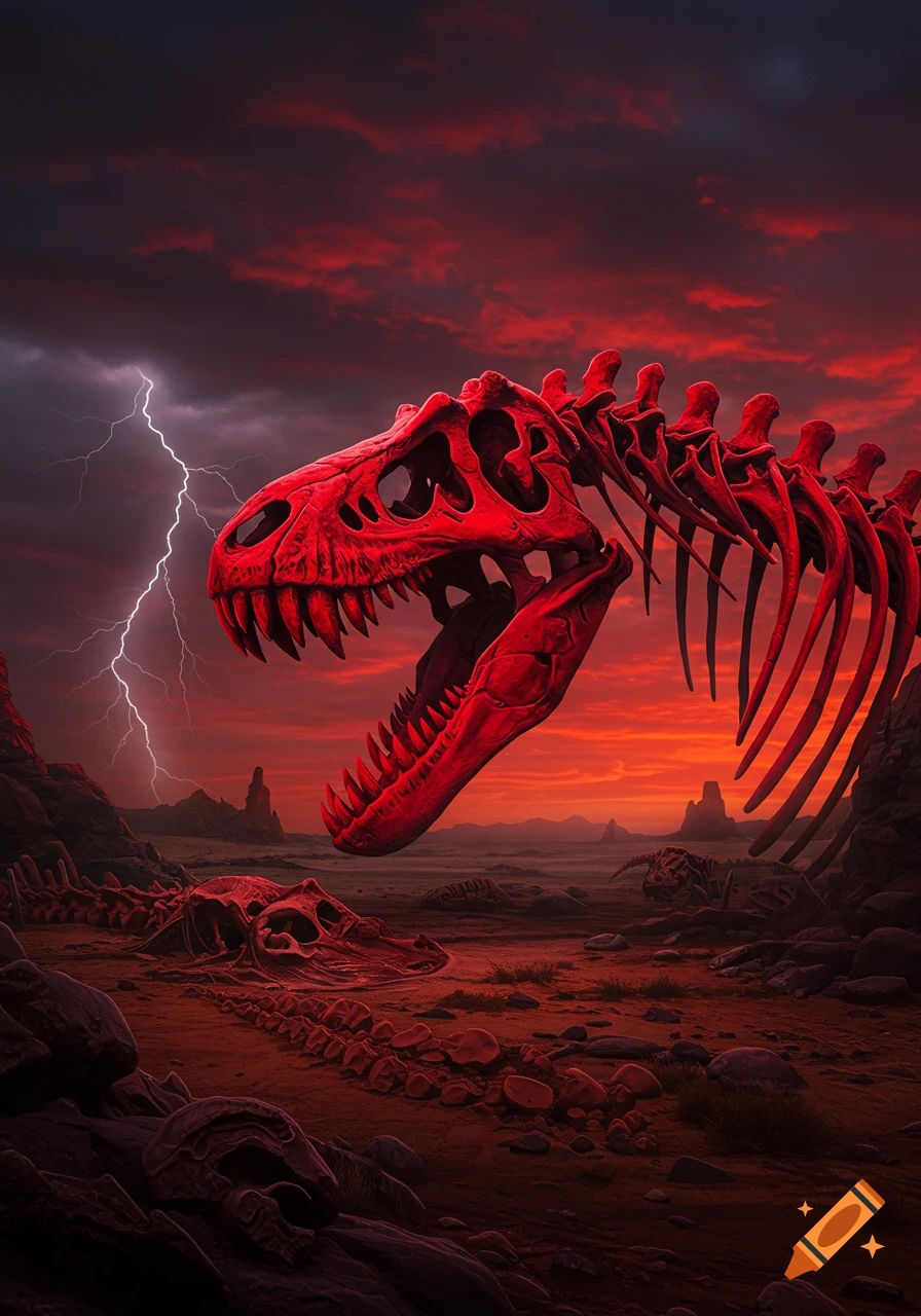A vibrant red dinosaur skeleton floats in a desolate, stormy landscape with lightning under a fiery red sky, with other skeletons on the ground.