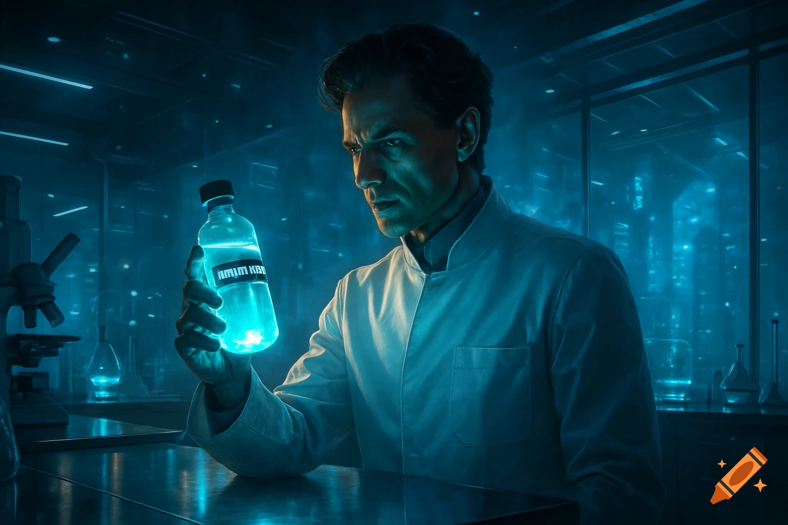 A scientist in a lab coat looks intently at a glowing blue bottle in a dark, futuristic laboratory.